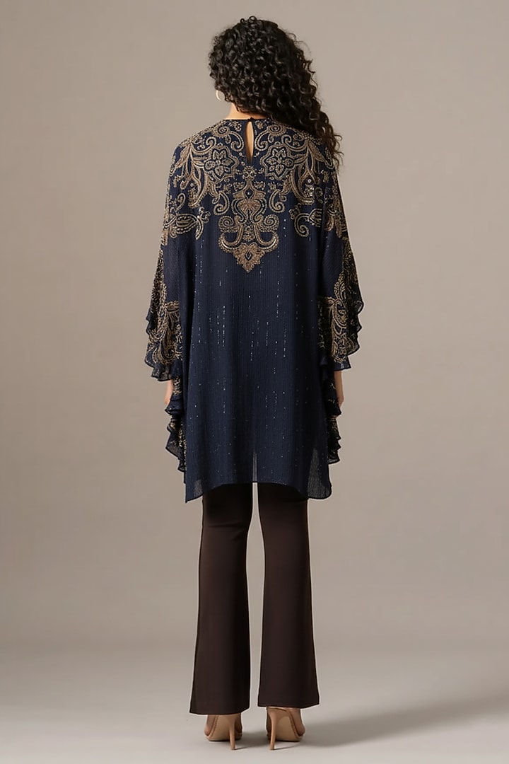 Navy Cupro Paisley Printed Frill Tunic by Namrata Joshipura at Pernia's Pop Up Shop