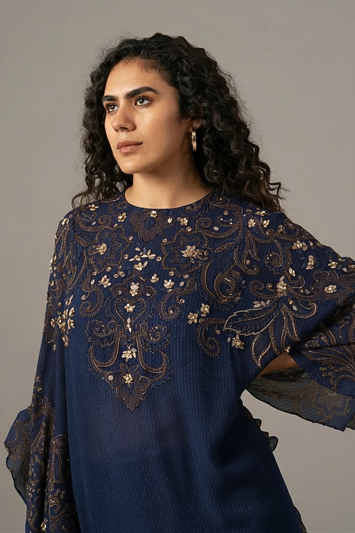 Navy Cupro Paisley Printed Frill Tunic by Namrata Joshipura at Pernia's Pop Up Shop
