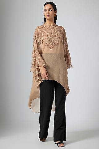 Mocha Brown Cupro Printed Tunic by Namrata Joshipura