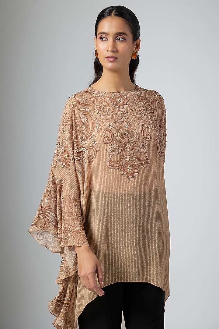 Mocha Brown Cupro Printed Tunic by Namrata Joshipura at Pernia's Pop Up Shop