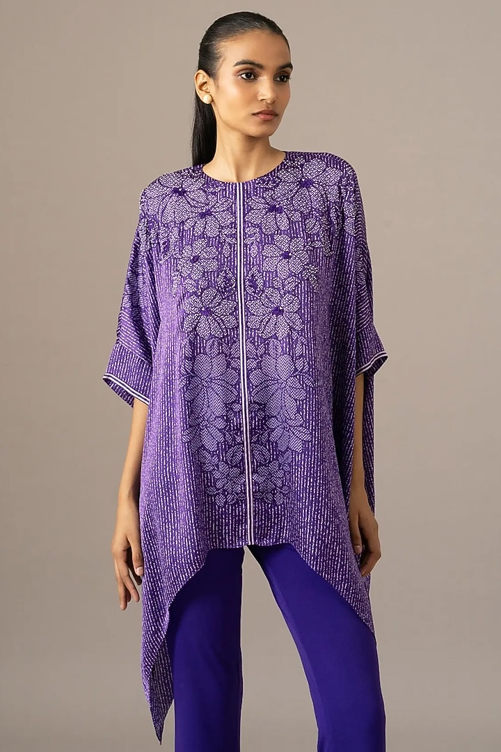 Purple Cupro Floral Printed Handkerchief Tunic by Namrata Joshipura at Pernia's Pop Up Shop