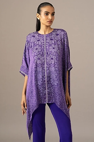 Purple Cupro Floral Printed Handkerchief Tunic by Namrata Joshipura