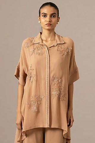 Blush Georgette Palm Leaf Printed Tunic by Namrata Joshipura