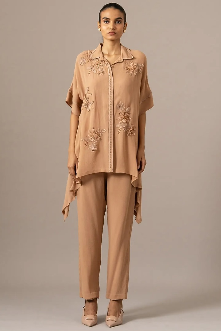 Blush Georgette Palm Leaf Printed Tunic by Namrata Joshipura at Pernia's Pop Up Shop