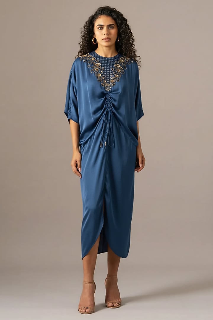 Blue Cupro Drawstring Cocktail Dress by Namrata Joshipura at Pernia's Pop Up Shop