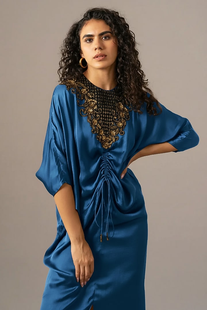 Blue Cupro Drawstring Cocktail Dress by Namrata Joshipura at Pernia's Pop Up Shop
