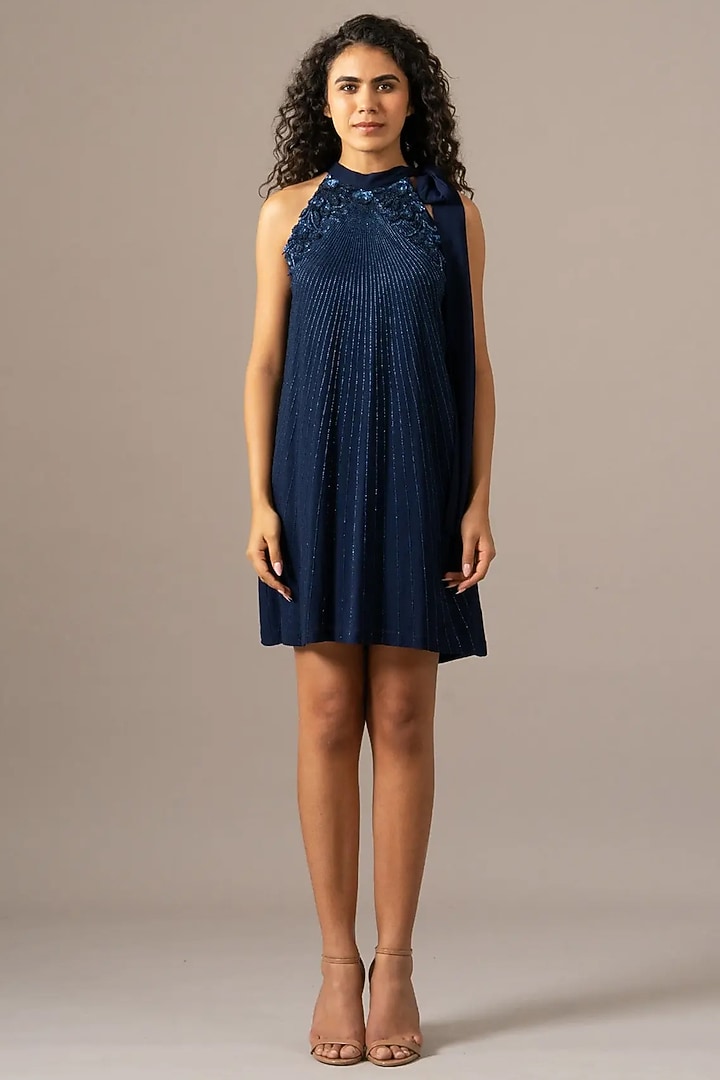 Navy Georgette Halter-Neck Cocktail Dress by Namrata Joshipura at Pernia's Pop Up Shop