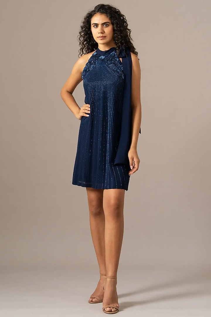 Navy Georgette Halter-Neck Cocktail Dress by Namrata Joshipura at Pernia's Pop Up Shop