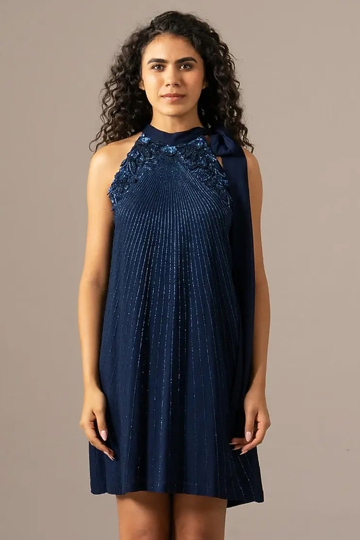 Navy Georgette Halter-Neck Cocktail Dress by Namrata Joshipura at Pernia's Pop Up Shop