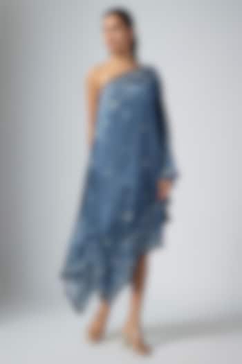 Navy Cupro Printed One-Shoulder Cocktail Dress by Namrata Joshipura at Pernia's Pop Up Shop