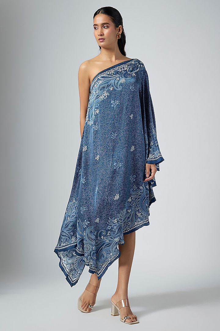 Navy Cupro Printed One-Shoulder Cocktail Dress by Namrata Joshipura at Pernia's Pop Up Shop