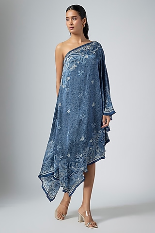 Navy Cupro Printed One-Shoulder Dress by Namrata Joshipura