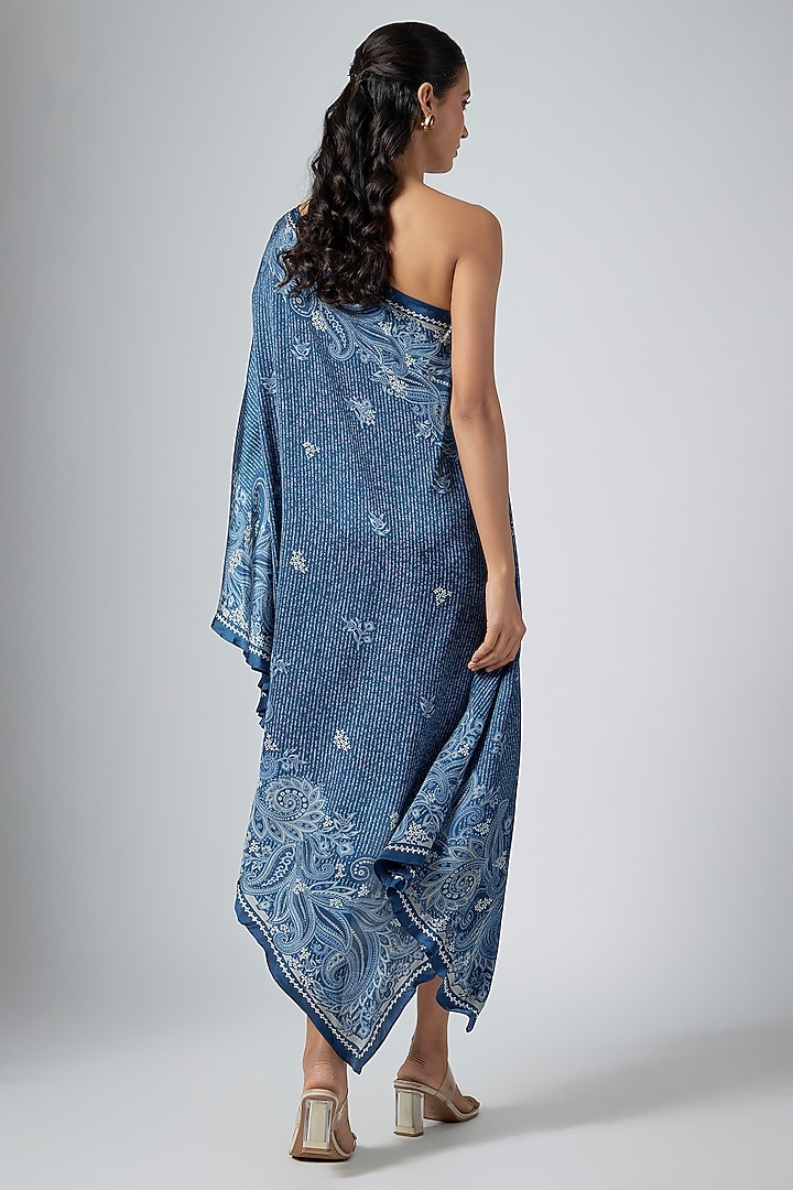 Navy Cupro Printed One-Shoulder Cocktail Dress by Namrata Joshipura at Pernia's Pop Up Shop