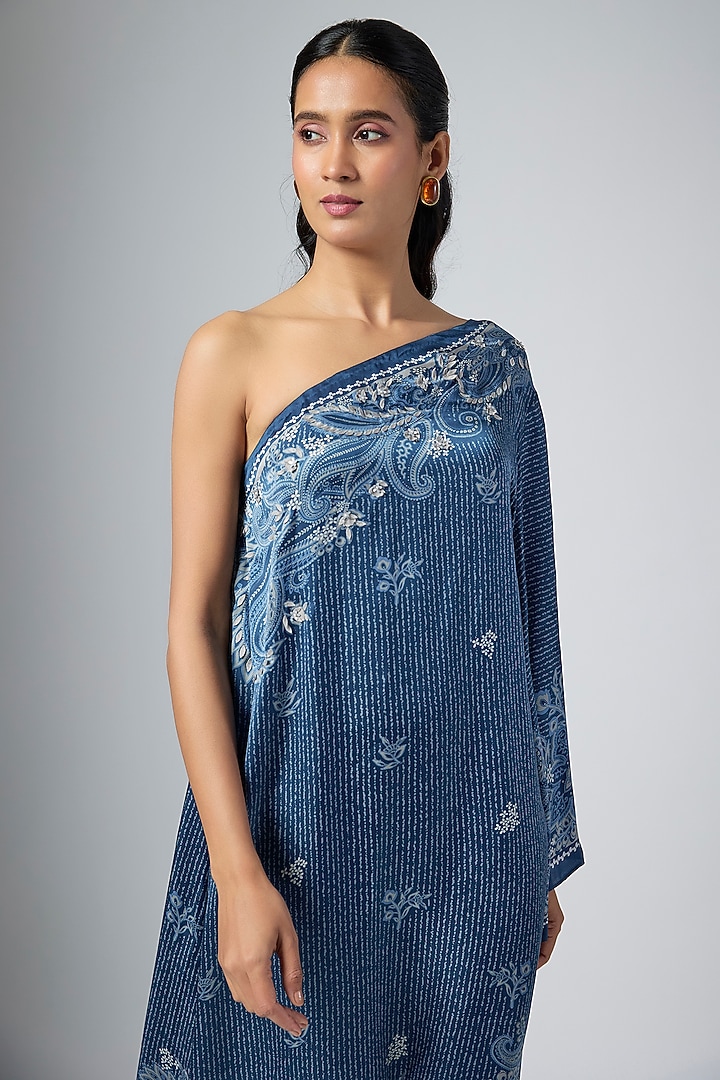 Navy Cupro Printed One-Shoulder Cocktail Dress by Namrata Joshipura at Pernia's Pop Up Shop