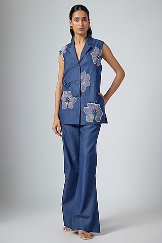 Denim Blue Modal Linen Co-Ord Set by Namrata Joshipura