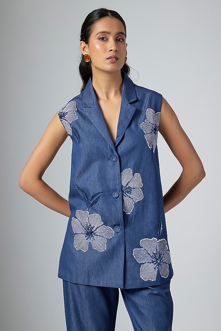 Denim Blue Modal Linen Co-Ord Set by Namrata Joshipura at Pernia's Pop Up Shop