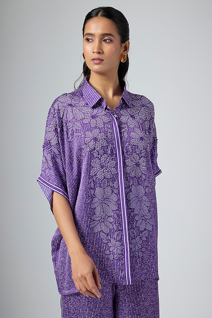 Purple Cupro Satin Printed Co-Ord Set by Namrata Joshipura at Pernia's Pop Up Shop