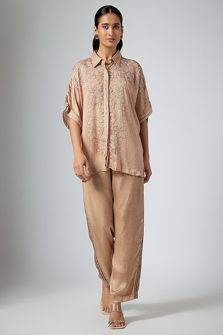 Mocha Brown Cupro Satin Printed Co-Ord Set by Namrata Joshipura at Pernia's Pop Up Shop