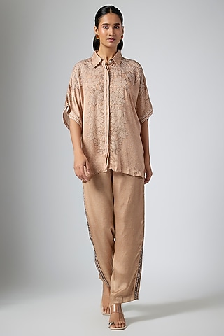 Mocha Brown Cupro Satin Printed Co-Ord Set by Namrata Joshipura