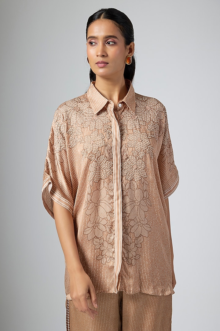 Mocha Brown Cupro Satin Printed Co-Ord Set by Namrata Joshipura at Pernia's Pop Up Shop