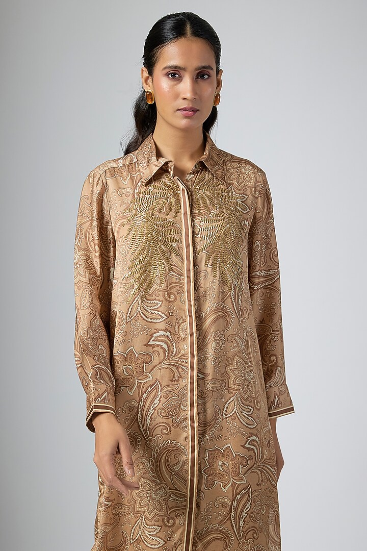 Mocha Brown Cupro Satin Printed Co-Ord Set by Namrata Joshipura at Pernia's Pop Up Shop