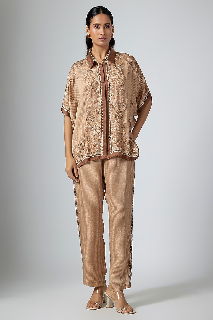 Mocha Brown Cupro Satin Printed Co-Ord Set by Namrata Joshipura at Pernia's Pop Up Shop