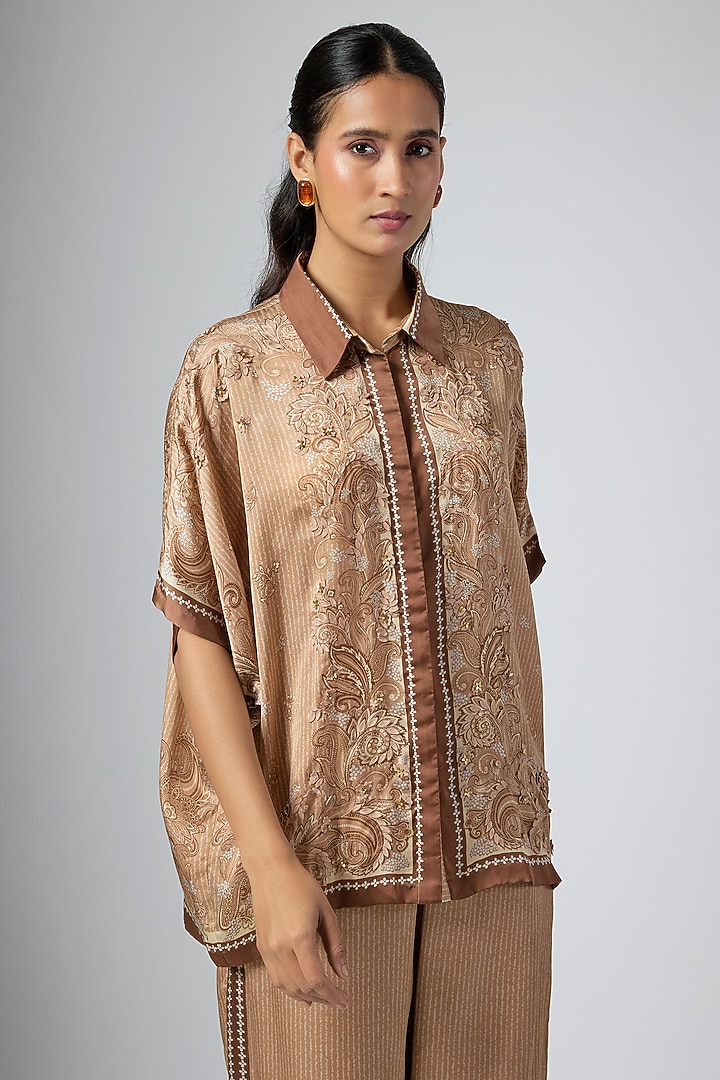Mocha Brown Cupro Satin Printed Co-Ord Set by Namrata Joshipura at Pernia's Pop Up Shop