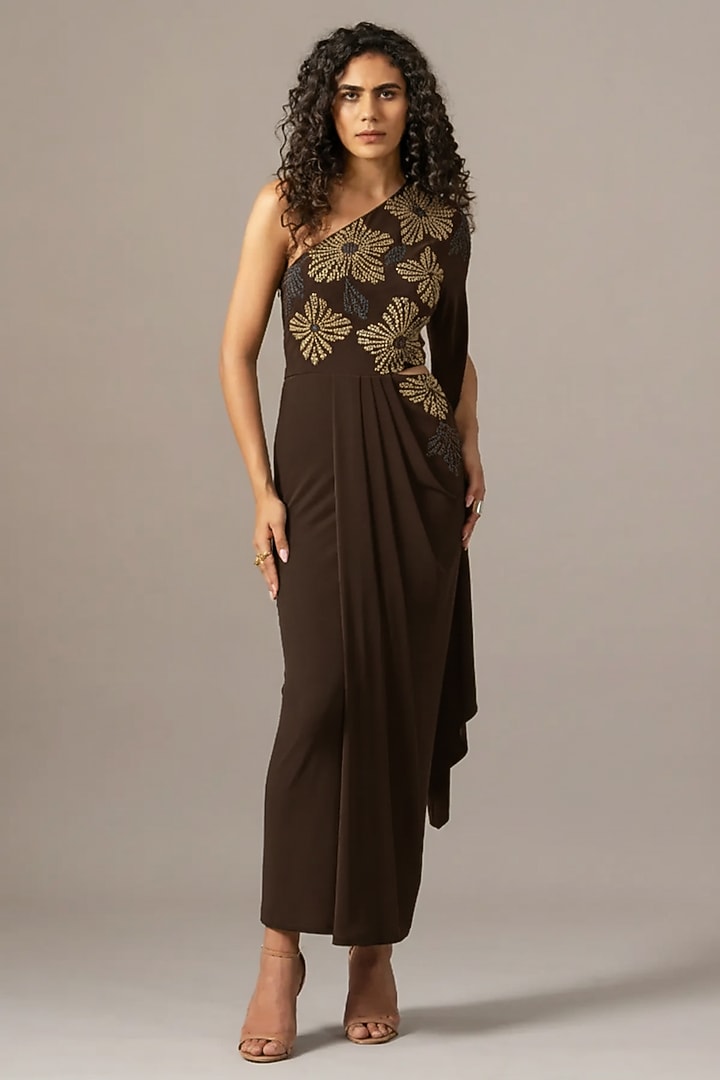 Brown Jersey One Shoulder Engagement Gown by Namrata Joshipura at Pernia's Pop Up Shop