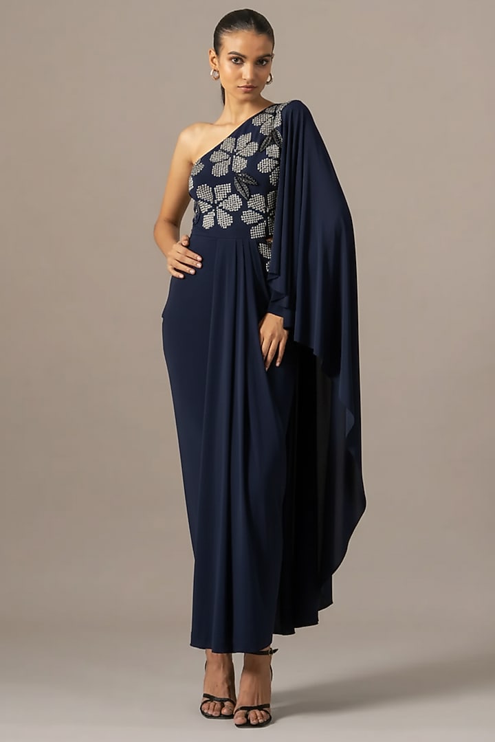 Navy Jersey One Shoulder Engagement Gown by Namrata Joshipura at Pernia's Pop Up Shop