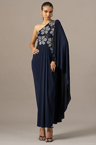 Navy Jersey One Shoulder Gown by Namrata Joshipura