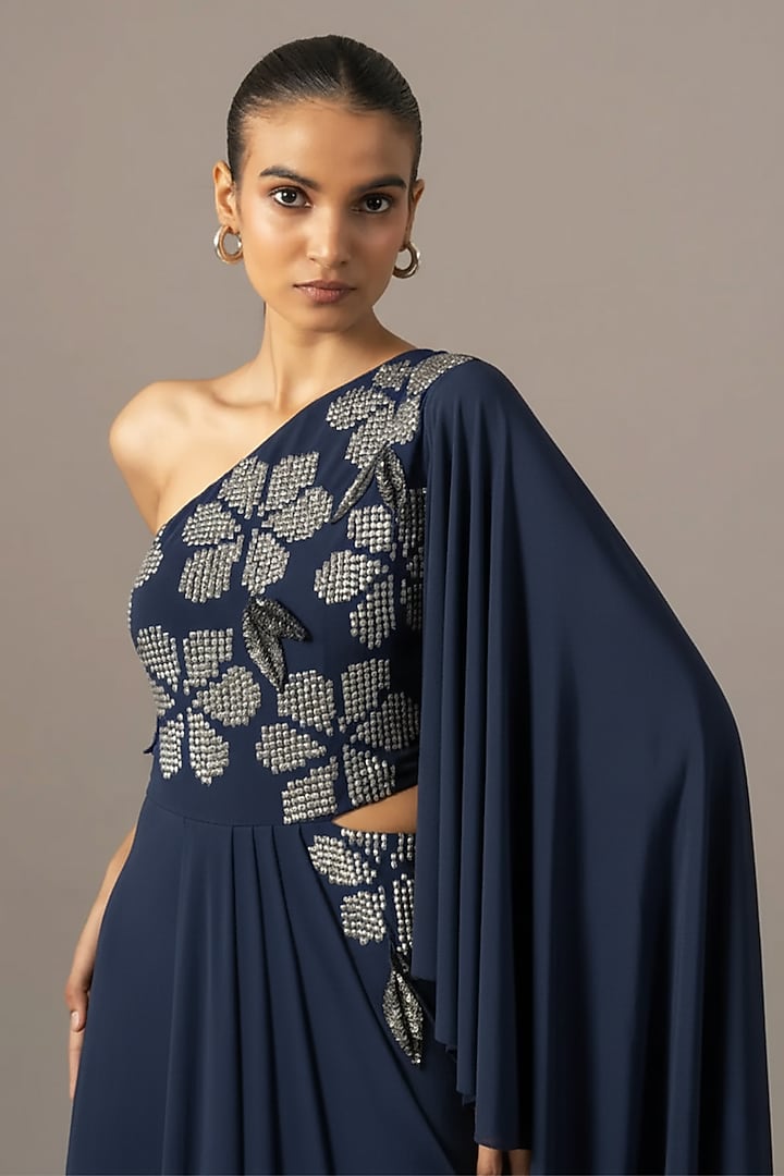Navy Jersey One Shoulder Engagement Gown by Namrata Joshipura at Pernia's Pop Up Shop