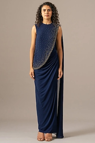 Navy Blue Jersey Star Draped Gown by Namrata Joshipura