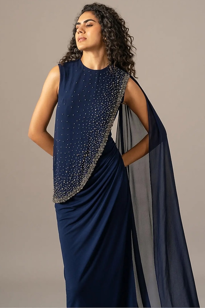 Navy Blue Jersey Star Draped Engagement Gown by Namrata Joshipura at Pernia's Pop Up Shop