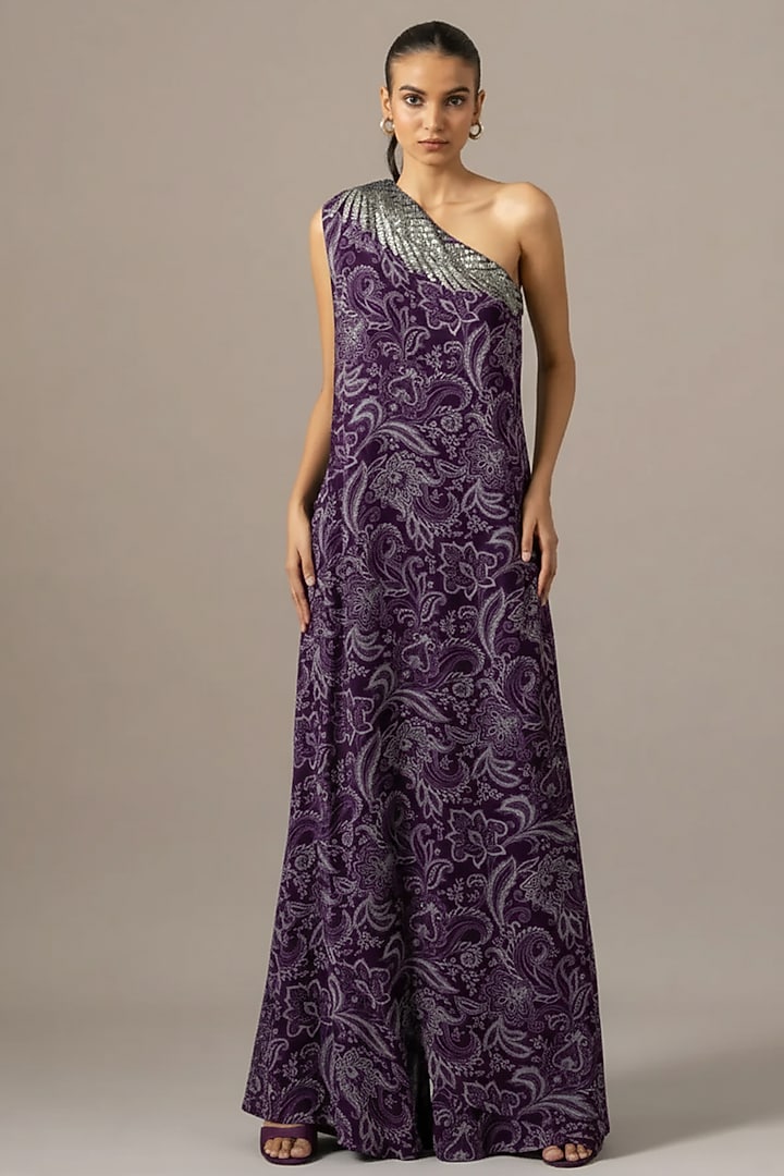 Purple Georgette Paisley Printed One Shoulder Jumpsuit by Namrata Joshipura at Pernia's Pop Up Shop