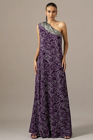 Purple Georgette Paisley Printed One Shoulder Jumpsuit by Namrata Joshipura