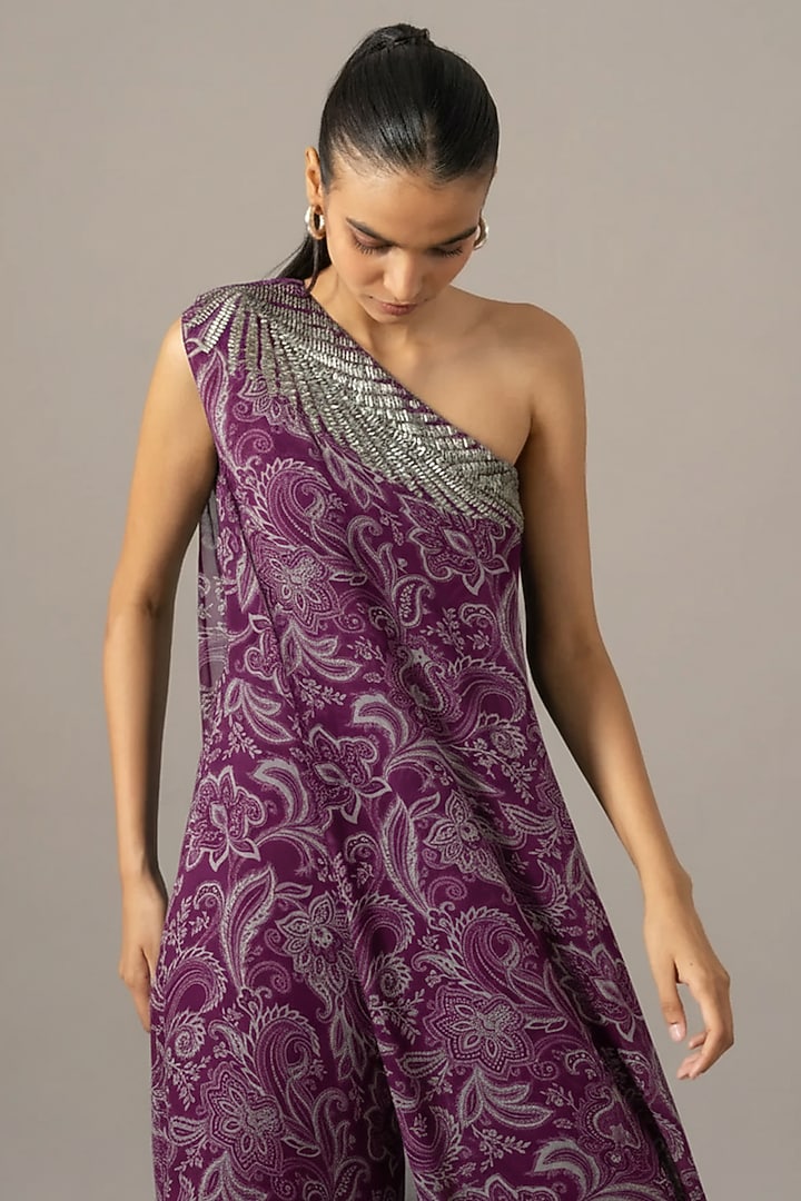 Purple Georgette Paisley Printed One Shoulder Jumpsuit by Namrata Joshipura at Pernia's Pop Up Shop