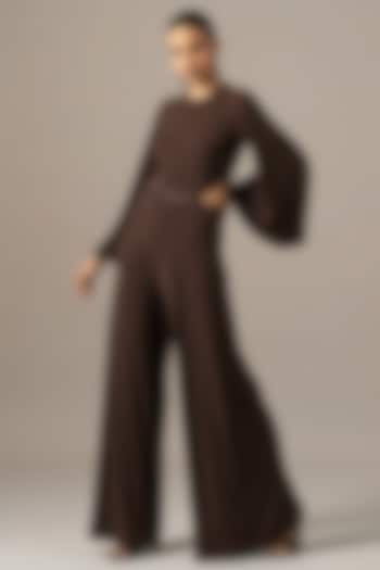 Brown Jersey Embroidered Jumpsuit by Namrata Joshipura at Pernia's Pop Up Shop