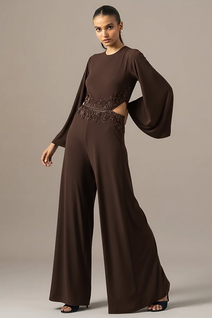 Brown Jersey Embroidered Jumpsuit by Namrata Joshipura at Pernia's Pop Up Shop