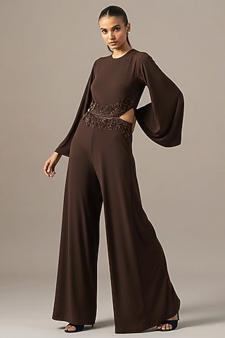 Brown Jersey Embroidered Jumpsuit by Namrata Joshipura