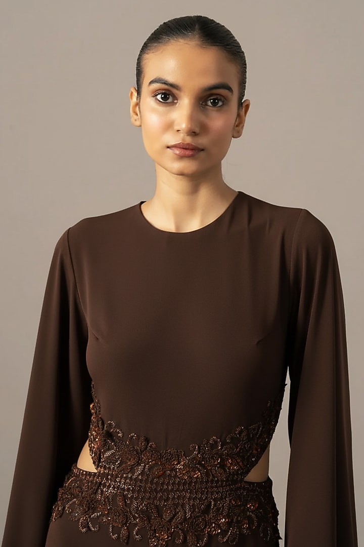 Brown Jersey Embroidered Jumpsuit by Namrata Joshipura at Pernia's Pop Up Shop