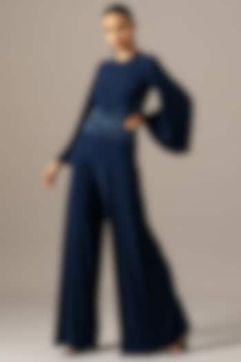 Navy Blue Jersey Baroque Embroidered Jumpsuit by Namrata Joshipura at Pernia's Pop Up Shop