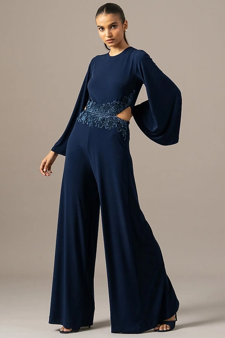 Navy Blue Jersey Baroque Embroidered Jumpsuit by Namrata Joshipura at Pernia's Pop Up Shop