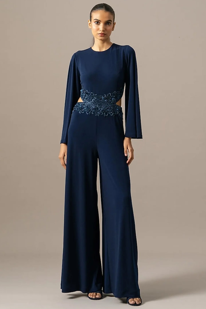 Navy Blue Jersey Baroque Embroidered Jumpsuit by Namrata Joshipura at Pernia's Pop Up Shop