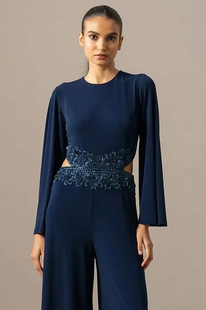 Navy Blue Jersey Baroque Embroidered Jumpsuit by Namrata Joshipura at Pernia's Pop Up Shop