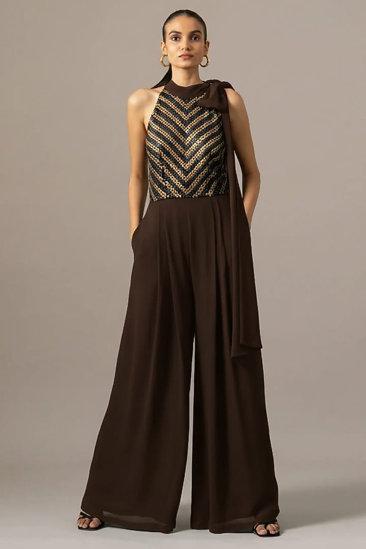 Brown Georgette Box Pleated Jumpsuit by Namrata Joshipura at Pernia's Pop Up Shop
