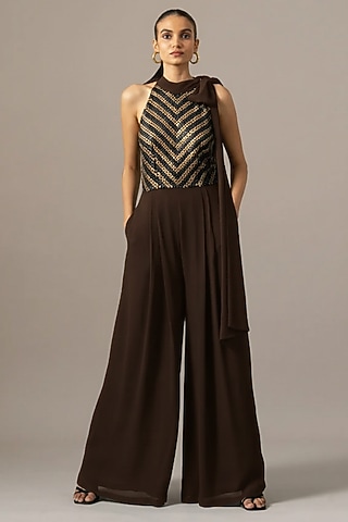 Brown Georgette Box Pleated Jumpsuit by Namrata Joshipura
