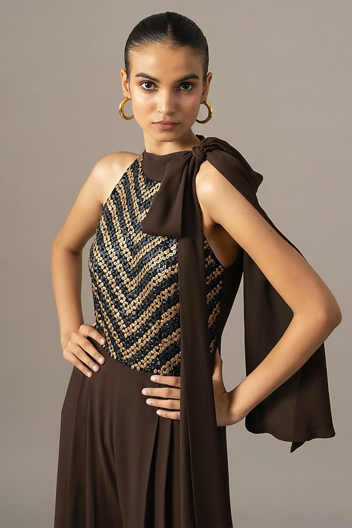 Brown Georgette Box Pleated Jumpsuit by Namrata Joshipura at Pernia's Pop Up Shop