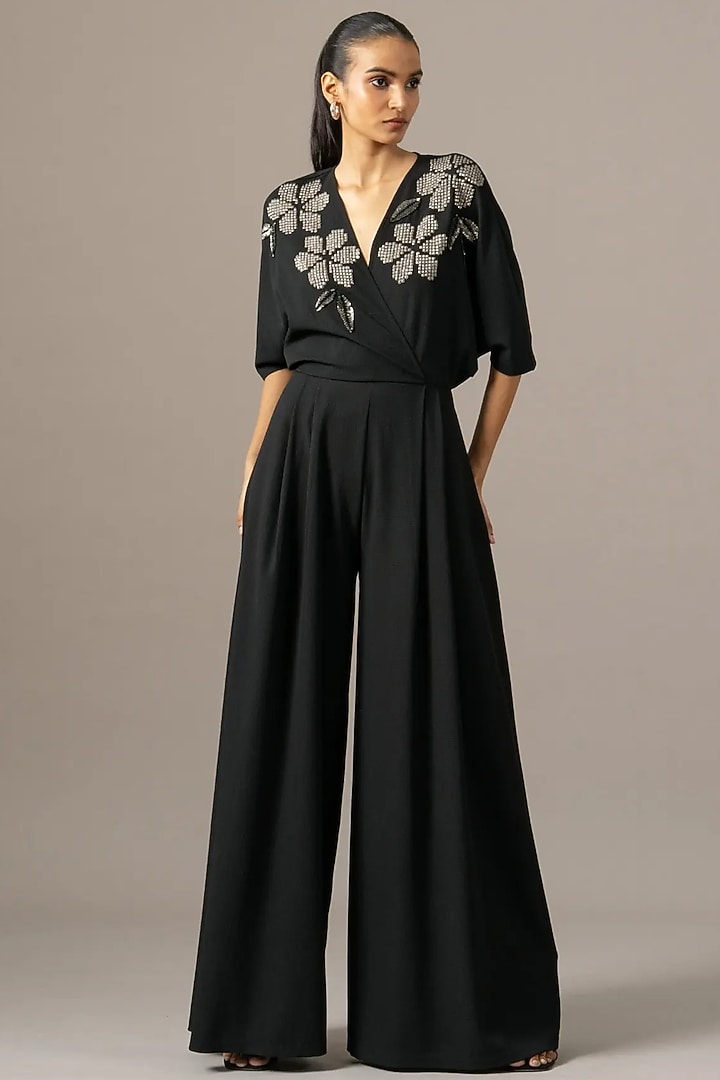 Black Jersey Box Pleated Jumpsuit by Namrata Joshipura at Pernia's Pop Up Shop