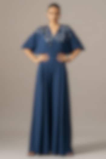 Denim Blue Jersey Box Pleated Jumpsuit by Namrata Joshipura at Pernia's Pop Up Shop
