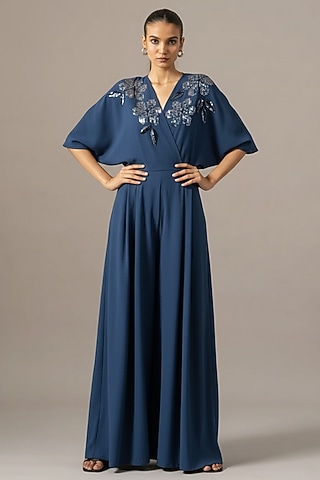 Denim Blue Jersey Box Pleated Jumpsuit by Namrata Joshipura